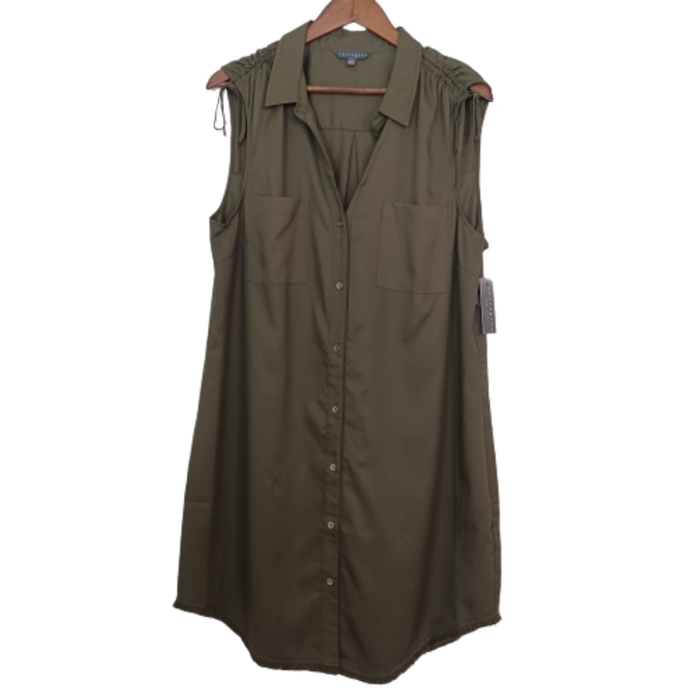 Sharagano Army Green Sleeveless Knee Length Fringed Hem Midi Shirt Dress NWT